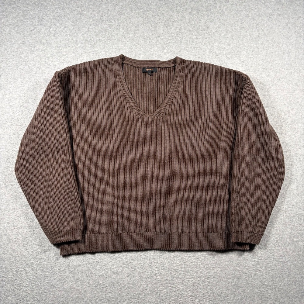 Quince Fisherman V-Neck Sweater Women Large Heather Brown Organic Cotton Ribbed